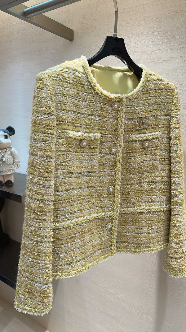 CC Round-Neck Jacket Pearl Buttons Yellow Tweed 415582