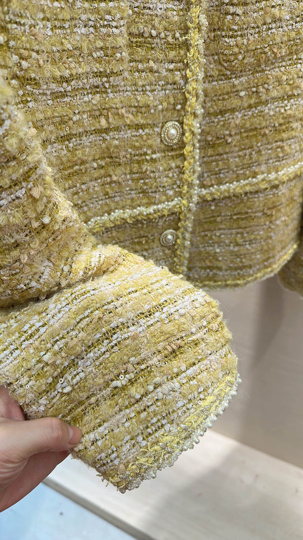 CC Round-Neck Jacket Pearl Buttons Yellow Tweed 415582
