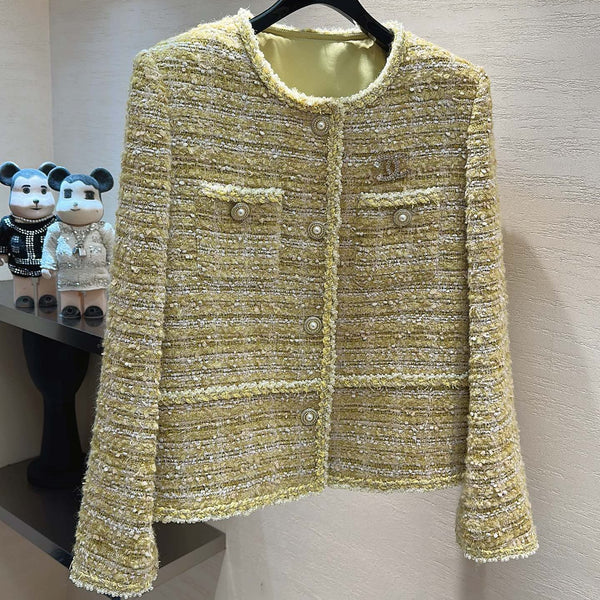 CC Round-Neck Jacket Pearl Buttons Yellow Tweed 415582