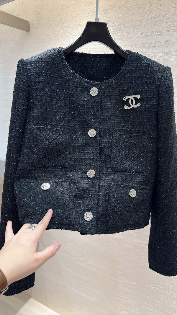 CC Cropped Jacket Rhinestone Buttons Navy Blue Tweed 415579