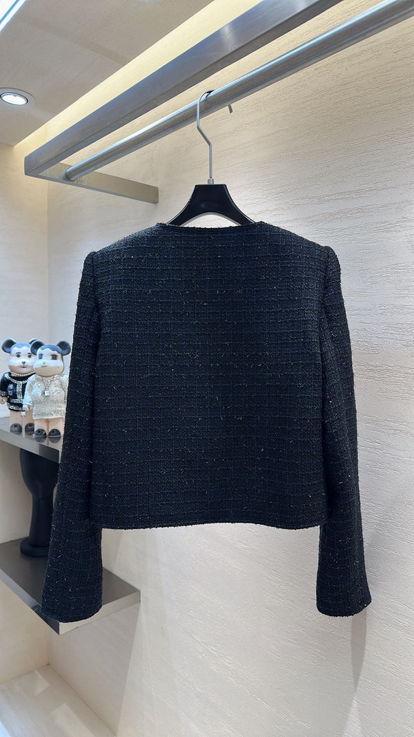 CC Cropped Jacket Rhinestone Buttons Navy Blue Tweed 415579