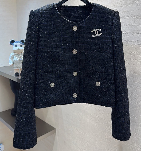 CC Cropped Jacket Rhinestone Buttons Navy Blue Tweed 415579