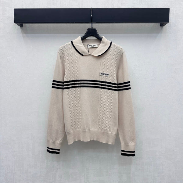 Miu Knit Polo Sweater White Stripes Black Wool 418690