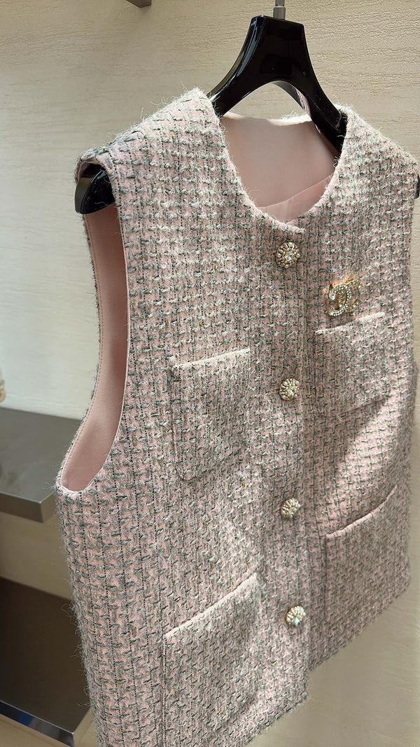 CC V-Neck Tweed Vest Jacket Mist Pink Multicolor 415648