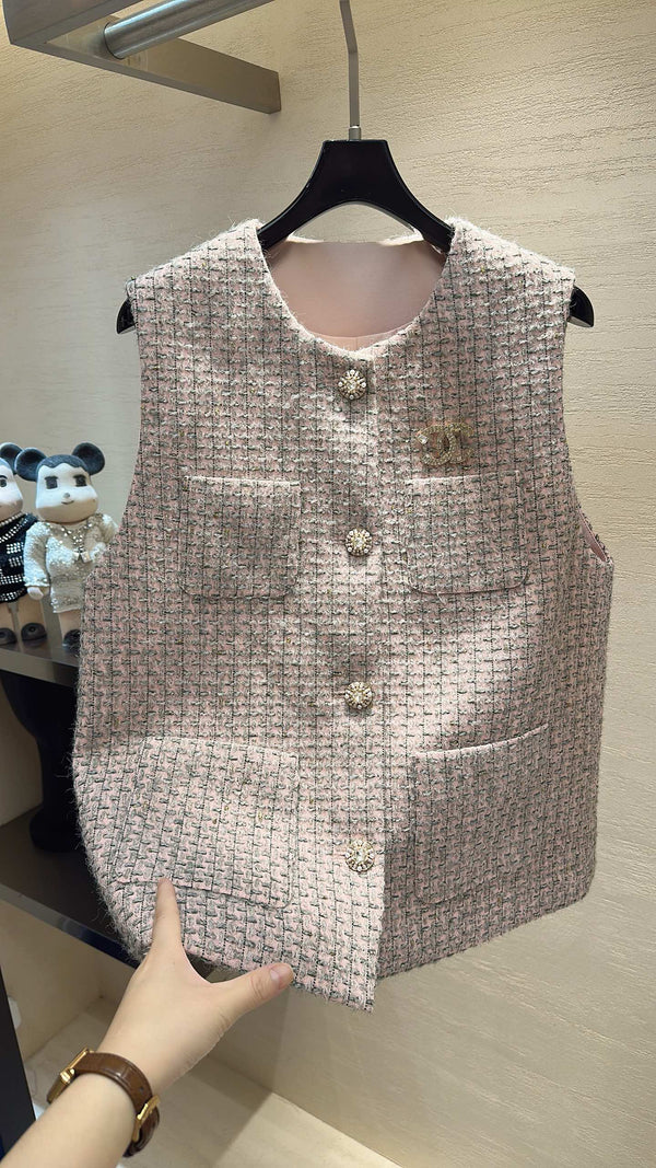 CC V-Neck Tweed Vest Jacket Mist Pink Multicolor 415648