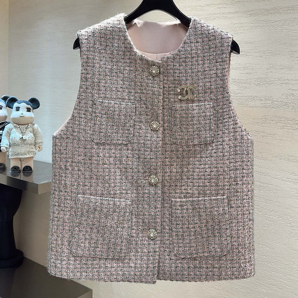 CC V-Neck Tweed Vest Jacket Mist Pink Multicolor 415648