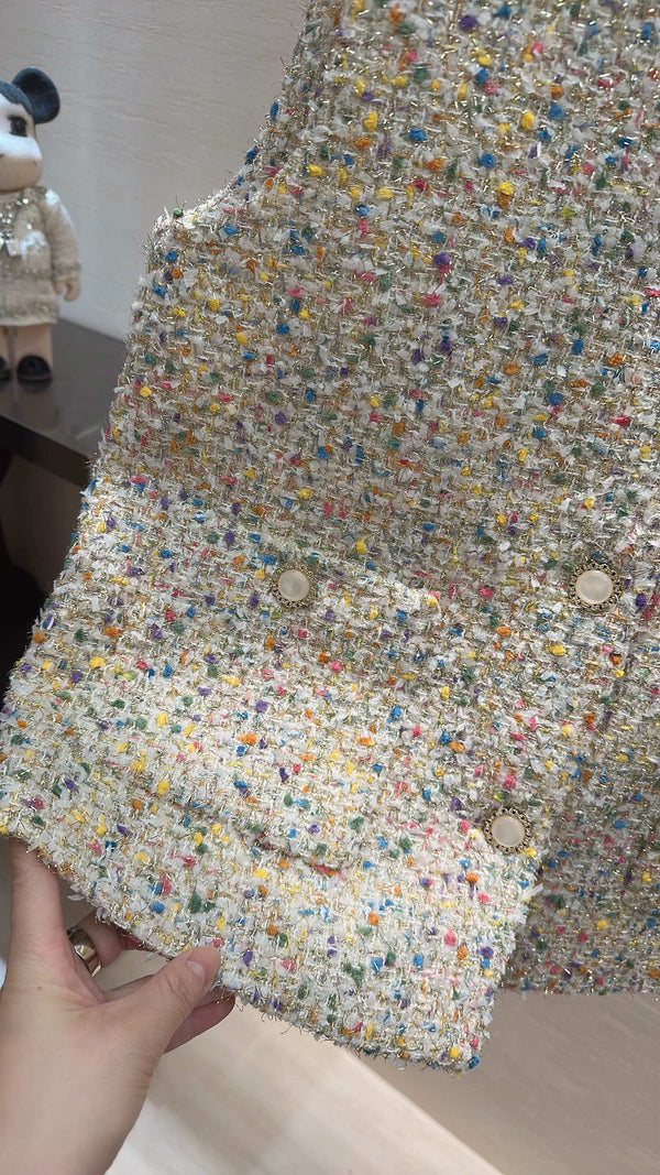 CC Vest Jacket Front Pockets Brooch Detail Cream Multicolor Tweed 415656