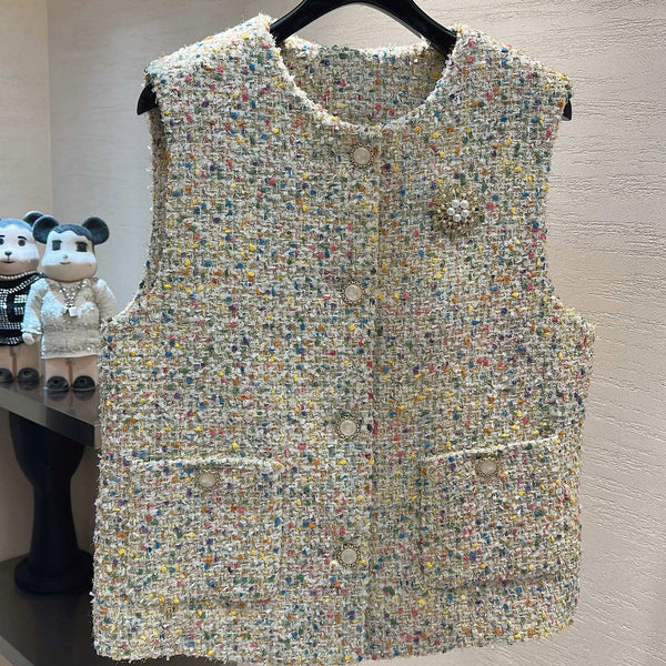 CC Vest Jacket Front Pockets Brooch Detail Cream Multicolor Tweed 415656