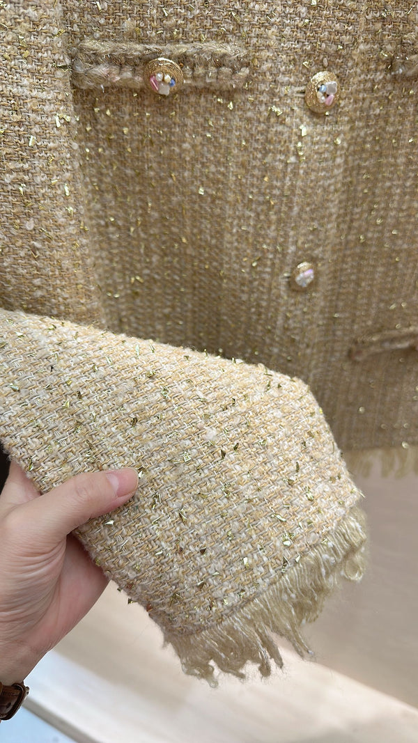 CC Sunflower Brooch Fringe Jacket Light Gold Tweed 415576