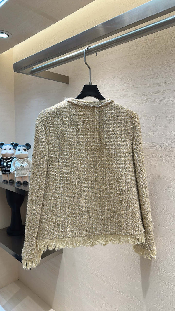 CC Sunflower Brooch Fringe Jacket Light Gold Tweed 415576