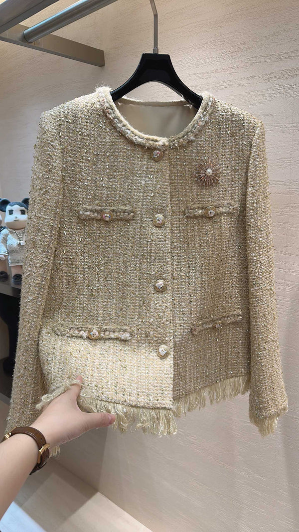 CC Sunflower Brooch Fringe Jacket Light Gold Tweed 415576