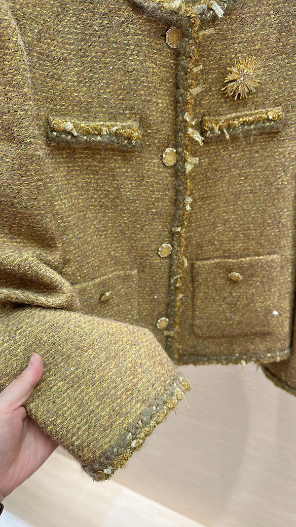 CC Sunflower Brooch Jacket Olive Gold Multicolor Tweed 415574