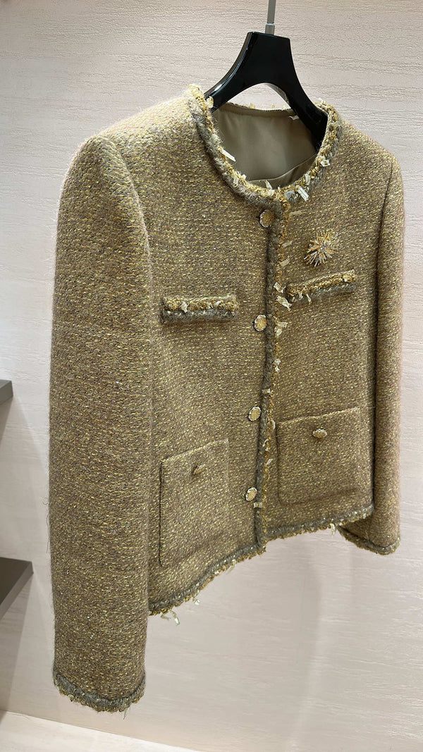 CC Sunflower Brooch Jacket Olive Gold Multicolor Tweed 415574