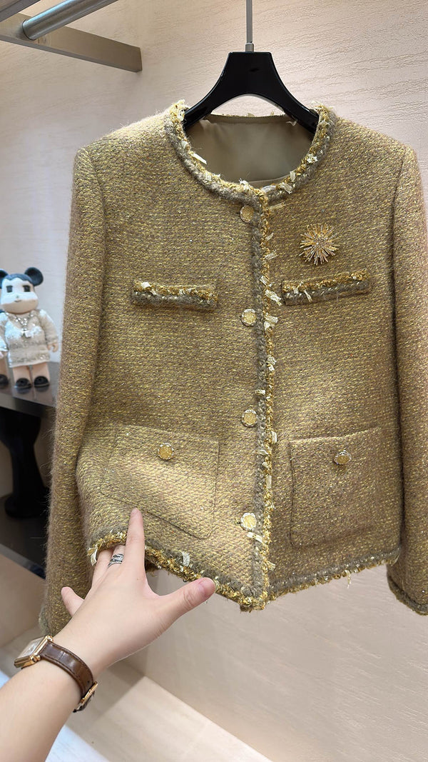 CC Sunflower Brooch Jacket Olive Gold Multicolor Tweed 415574