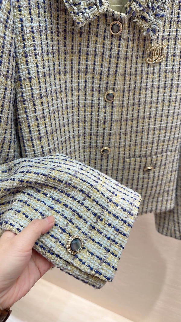 CC Cropped Jacket Collar Detail Multicolor Tweed 415571
