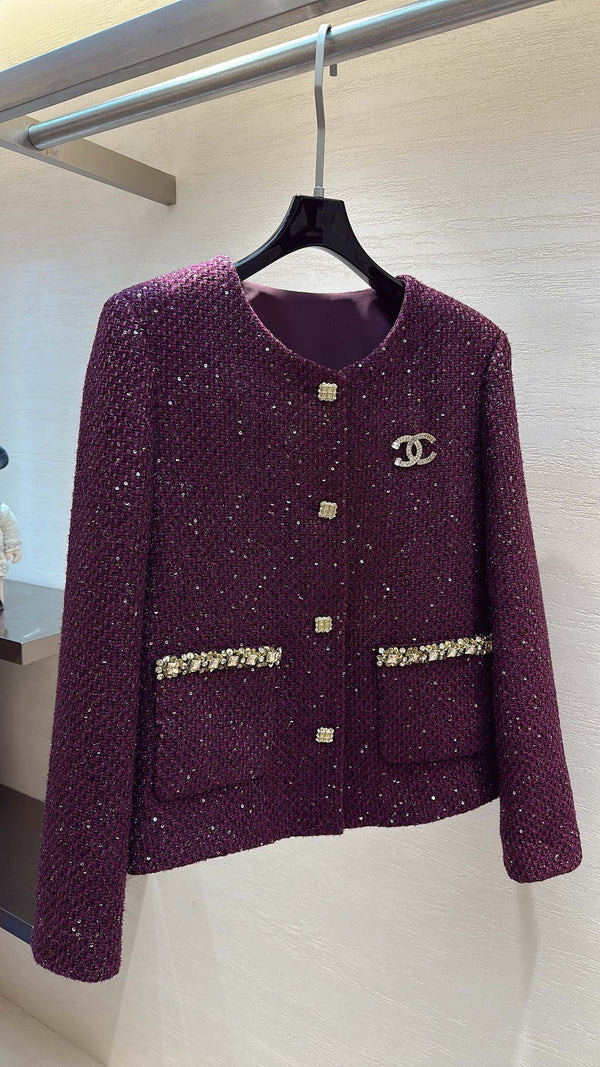 CC Rhinestone Pocket Jacket Gold Buttons Grape Purple Tweed 415599