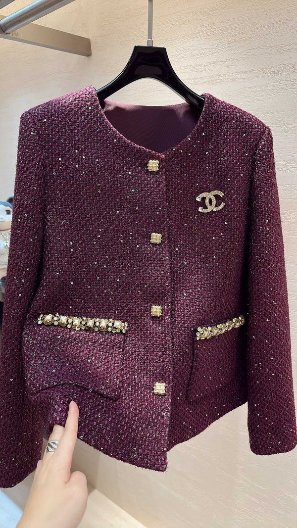 CC Rhinestone Pocket Jacket Gold Buttons Grape Purple Tweed 415599
