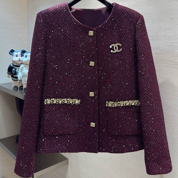 CC Rhinestone Pocket Jacket Gold Buttons Grape Purple Tweed 415599