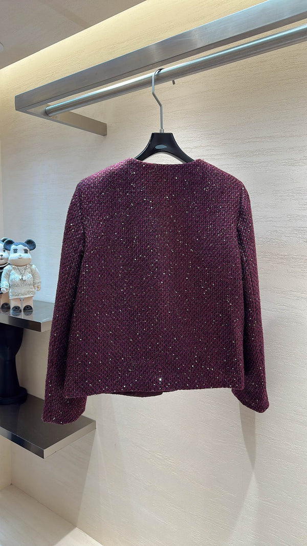 CC Rhinestone Pocket Jacket Gold Buttons Grape Purple Tweed 415599