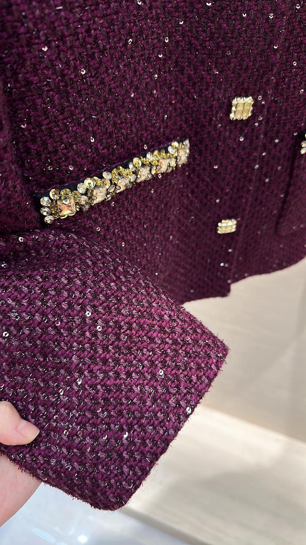 CC Rhinestone Pocket Jacket Gold Buttons Grape Purple Tweed 415599