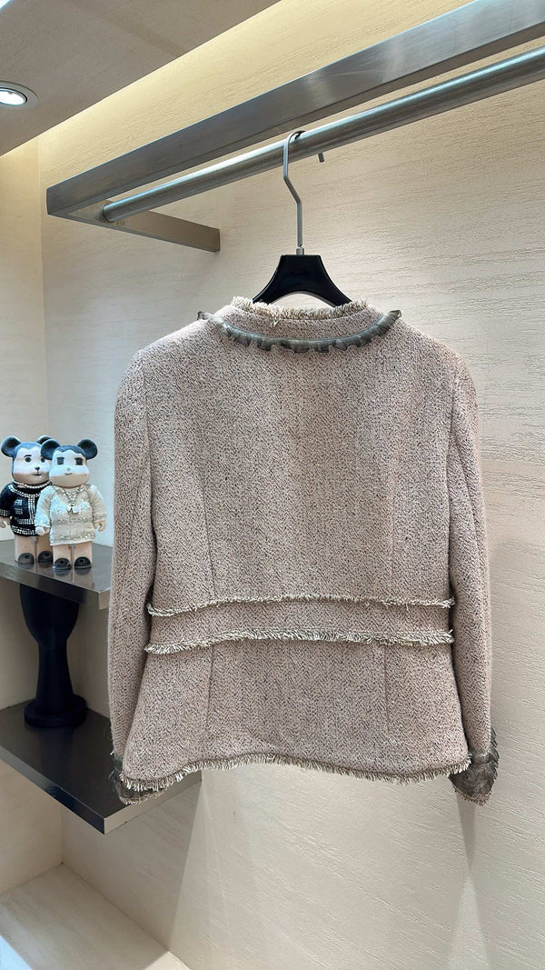CC Round-Neck Jacket Ruffle Trim Pink Oatmeal Tweed 415603