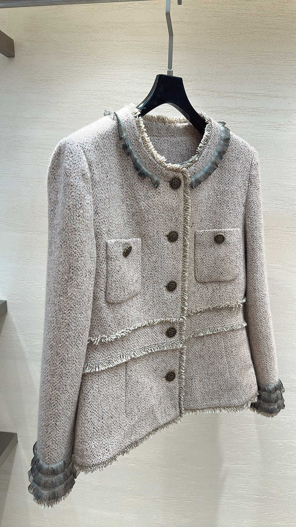 CC Round-Neck Jacket Ruffle Trim Pink Oatmeal Tweed 415603