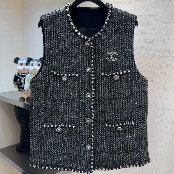 CC Vest Jacket Pearl Chain Trim Black Multicolor Tweed 415605