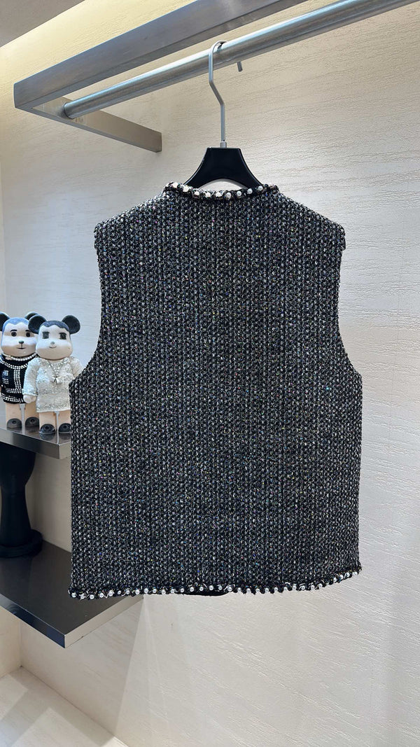 CC Vest Jacket Pearl Chain Trim Black Multicolor Tweed 415605