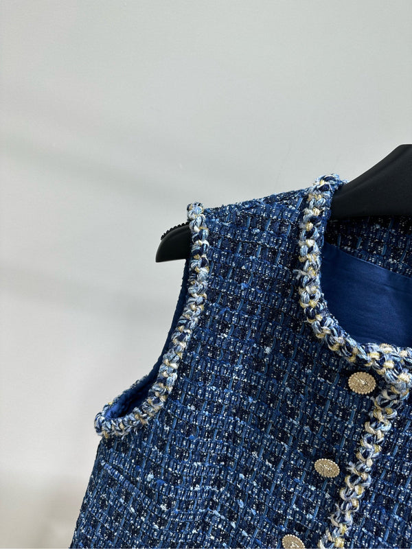 CC Round-Neck Vest Jacket Gold Buttons Dark Blue Tweed 417313