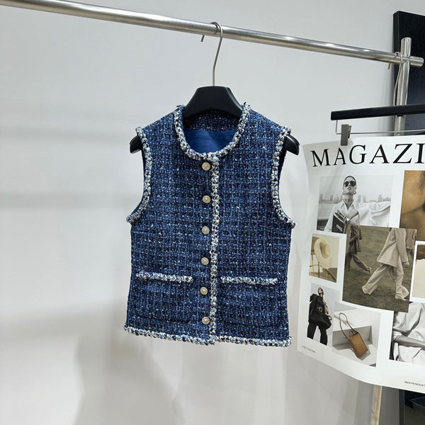 CC Round-Neck Vest Jacket Gold Buttons Dark Blue Tweed 417313