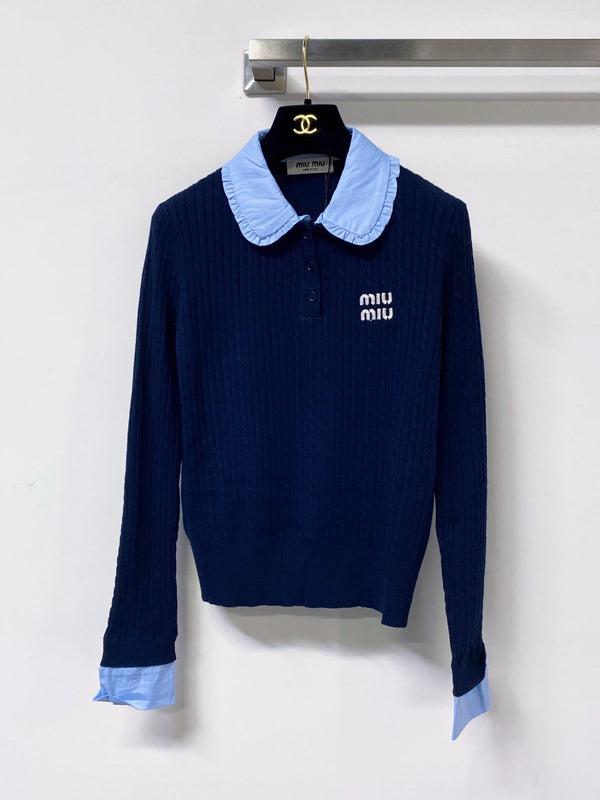 Miu Embroidered Logo Polo Sweater Poplin Collar Tencel 799799