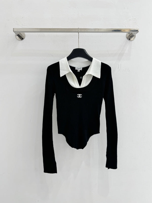 CC Collared Knit Top Embroidered Logo Beige Wool 801954