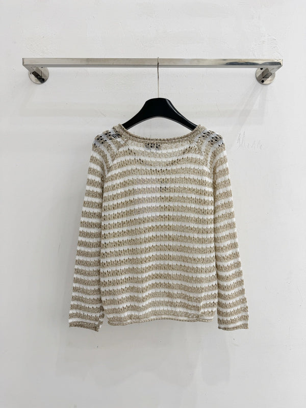 CC Striped V-Neck Sweater Double C Logo Wool 801965