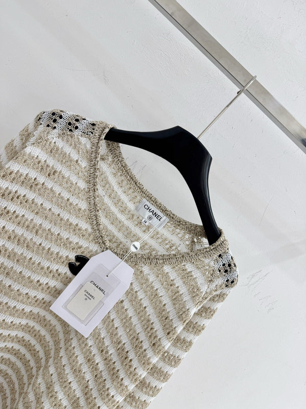 CC Striped V-Neck Sweater Double C Logo Wool 801965