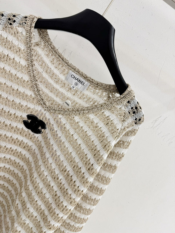 CC Striped V-Neck Sweater Double C Logo Wool 801965