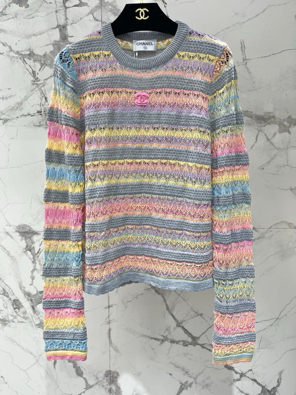 CC Striped Open-Knit Sweater Pastel Tencel 802093