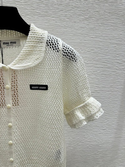 Miu 2026 Hollow-Out Collar Knitted Short-Sleeve Cardigan 341442