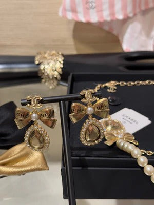CC Gold Bow Pearl Letter Carved Double C Teardrop Crystal Earrings