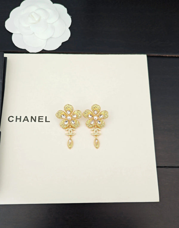 CC Flower Double C Diamond Gold Earrings