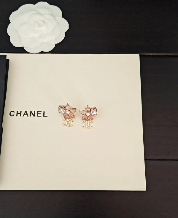 CC Double C Pink Flower Light Gold Earrings
