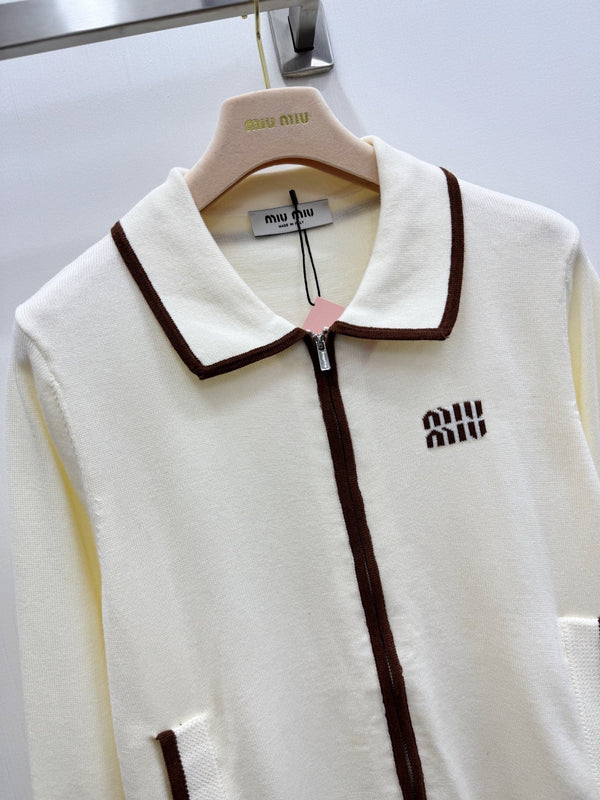 Miu 2026 Polo Collar Cardigan with Logo Pattern Wool 838823