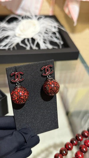 CC Double C Deep Red and Black Resin Ball Earrings