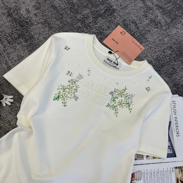 Miu 2026 Floral Embroidered Short-Sleeve T-Shirt Cotton 374766