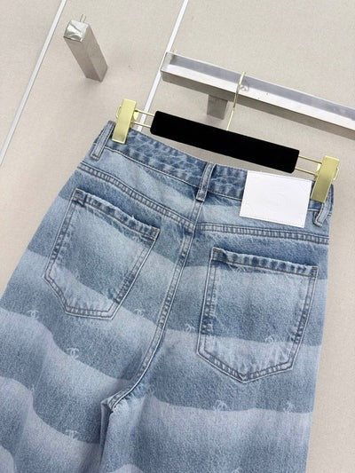 Chanel 2026 Double C Logo Striped Print Denim Wide-leg Pant Blue Cotton 311192