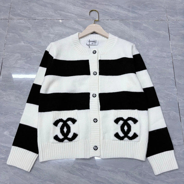 Chanel 2026 Pocket Logo Crew Neck Cardigan Black White Wool 244685
