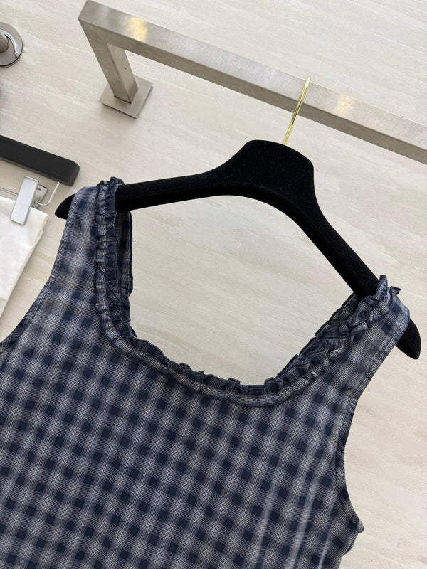CC 2026 Checkered Ruffled Camisole Navy Blue Cotton