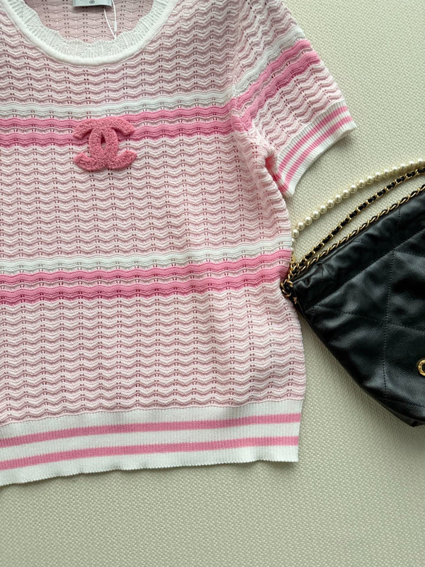 CC 2026 Striped Short-sleeved Shirt Pink White Wool