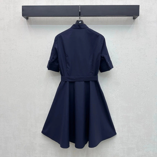 CD 2026 Wave Embroidery Belt Dress Navy Cotton 627174