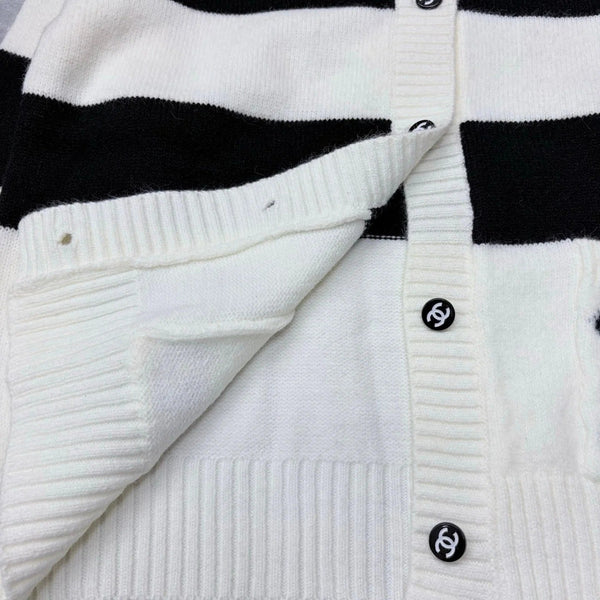 Chanel 2026 Pocket Logo Crew Neck Cardigan Black White Wool 244685