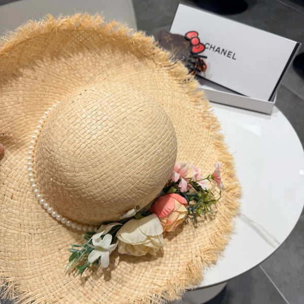 CC Flower Raffia Straw Wide-brimmed Hat 400708